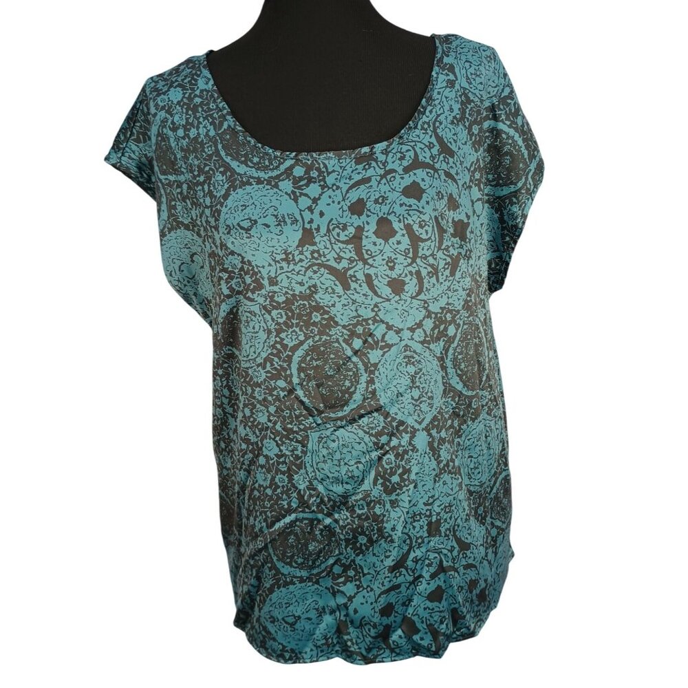 The Limited Womens XL Blue & Brown Abstract Short Sleeve‎ Blouse